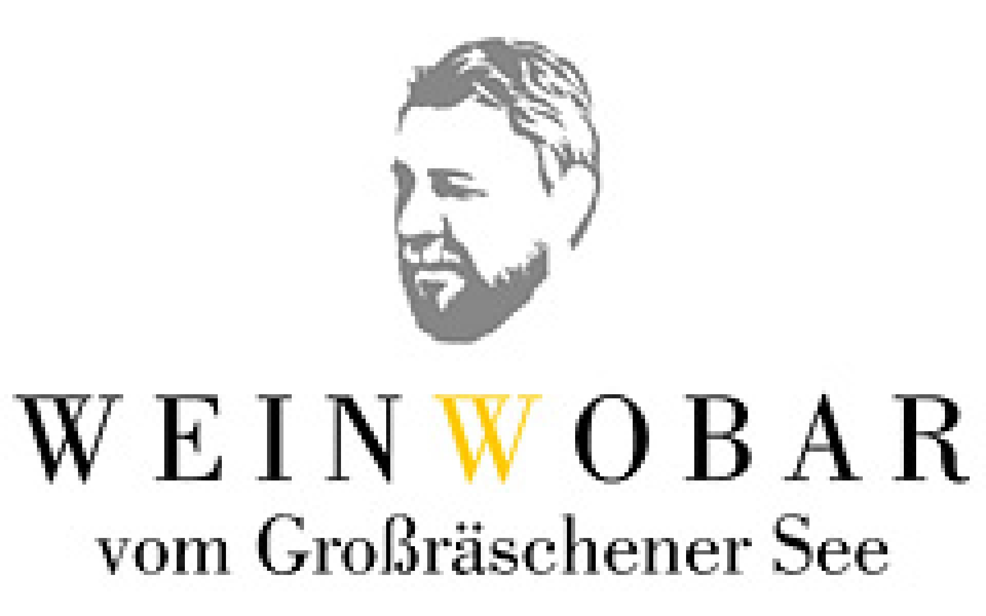 Logo von weinwobar, schwarze Schrift mit einer Zeichnung von Andres Wobar